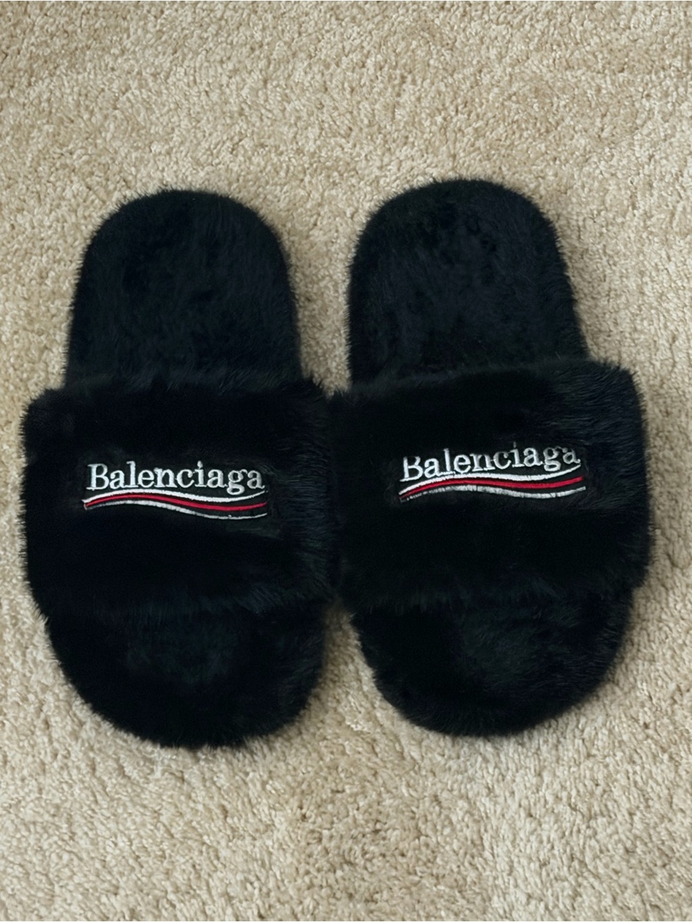 Balenciaga Men’s Black Faux Fur Logo Slide Slippers